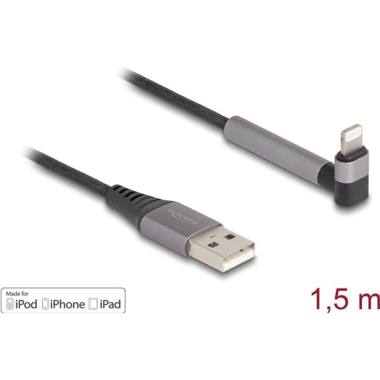 Tootefoto - Delock - Lightning-Kabel - USB m nnlich gerade zu Lightning m nnlich schr g, St nder - 1,5m - Schwarz/Grau - Charge and Sync (85404)