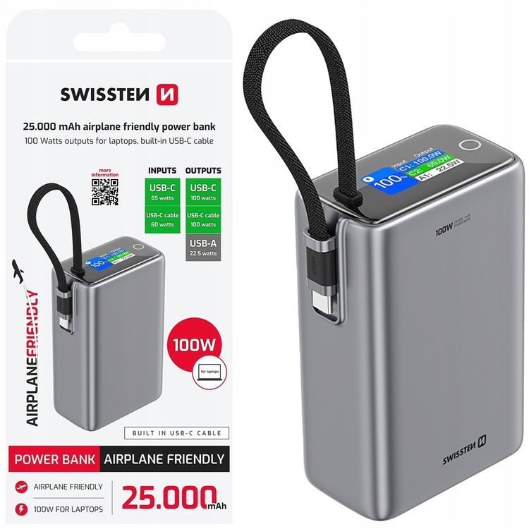 Tootefoto - Swissten Power Bank 25000 mAh (96,25 Wh) 100 W koos sisseehitatud USB-C kaabliga