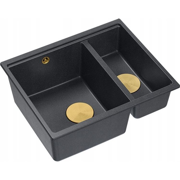 Tootefoto - GraniteQ QUADRON valamu | LOGAN 150 | graniidist k givalamu BLACK + GOLD PVD | m dud: 56 x 46 x 22 cm | 1,5-kambriline riputatud | kapi alus alates: 60 cm