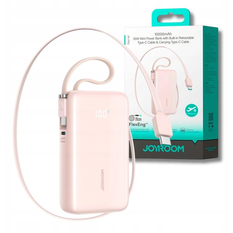 Tootefoto - Joyroom JR-PR2L 10000 mAh 35 W akupank sisseehitatud lest stetava USB-C kaabli ja USB-C kaelapaelaga kaabliga roosa