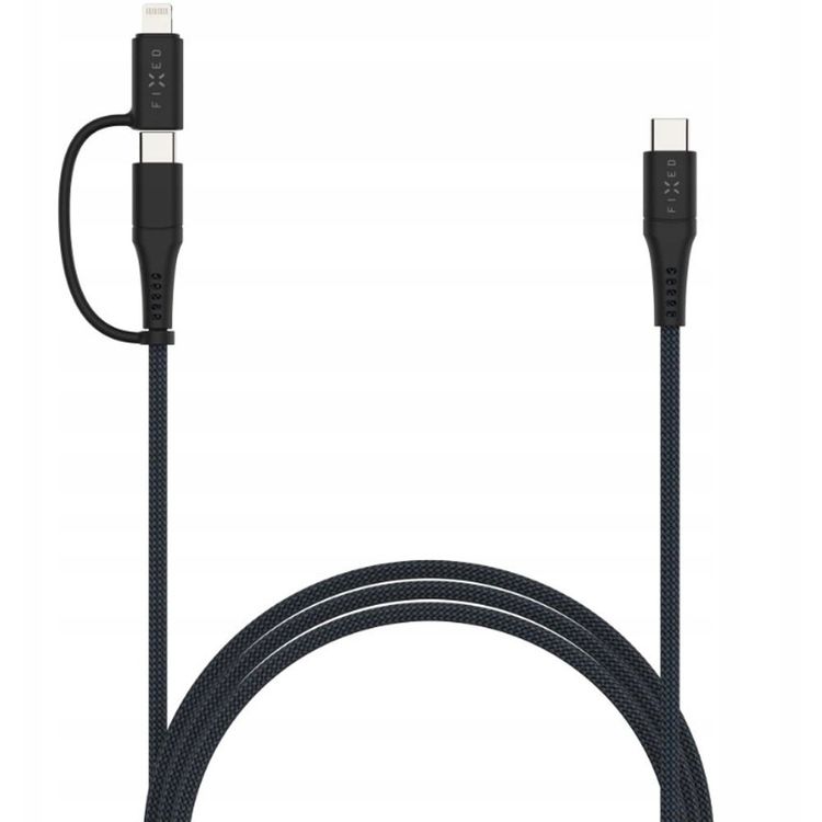 Tootefoto - FIXED s Punutud laadimis- ja andmekaabel USB-C/USB-C pistikute ja Lightning-adapteriga, PD, 1,2 m, MFi, PD 60 W, hall