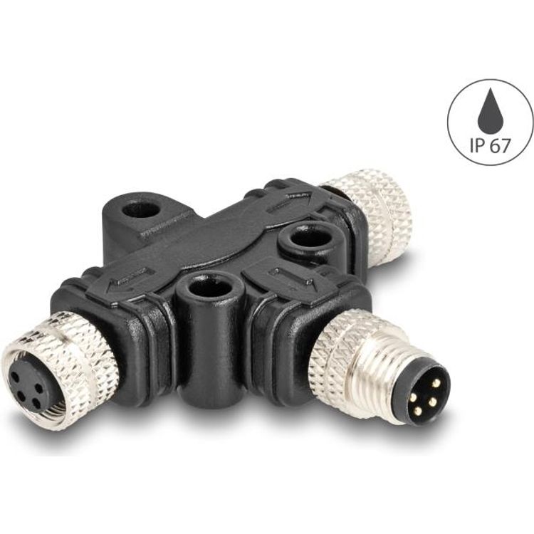 Tootefoto - Delock M8 T-Splitter A-kodiert 4 Pin Stecker zu 2 x Buchse Parallelschaltung (60576)