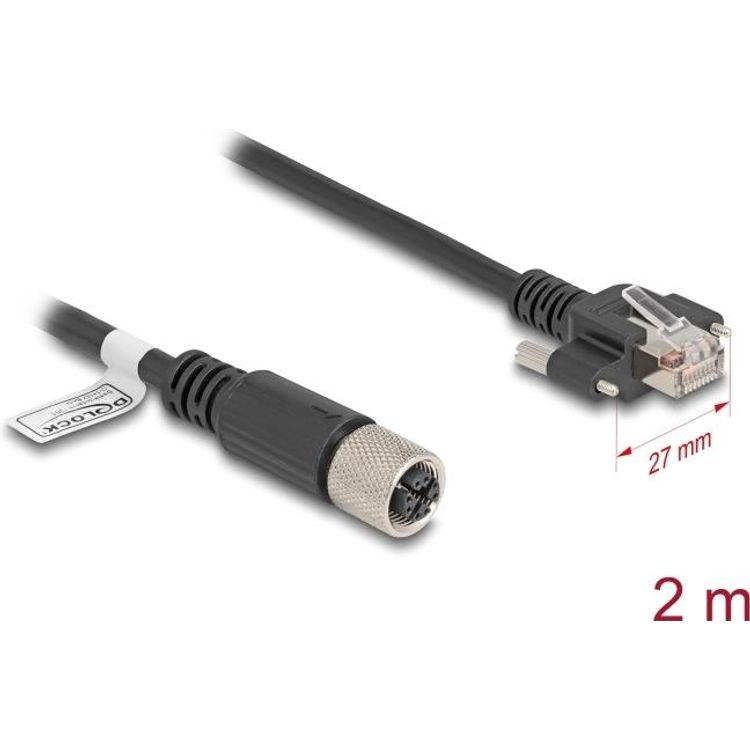 Tootefoto - Delock - Netzwerkkabel - 8 pin M12-X (W) zu RJ-45 (M) schraubbar - 2,0m - 6,8 mm - S/FTP - CAT 6a - geformt, verseilt - Schwarz (80457)