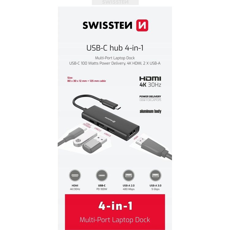 Tootefoto - Swissten USB HUB 4in1 USB-C Hub S learvuti dokkimisjaam mitme USB-C pordiga 100W / HDMI 4K / 2x USB-A