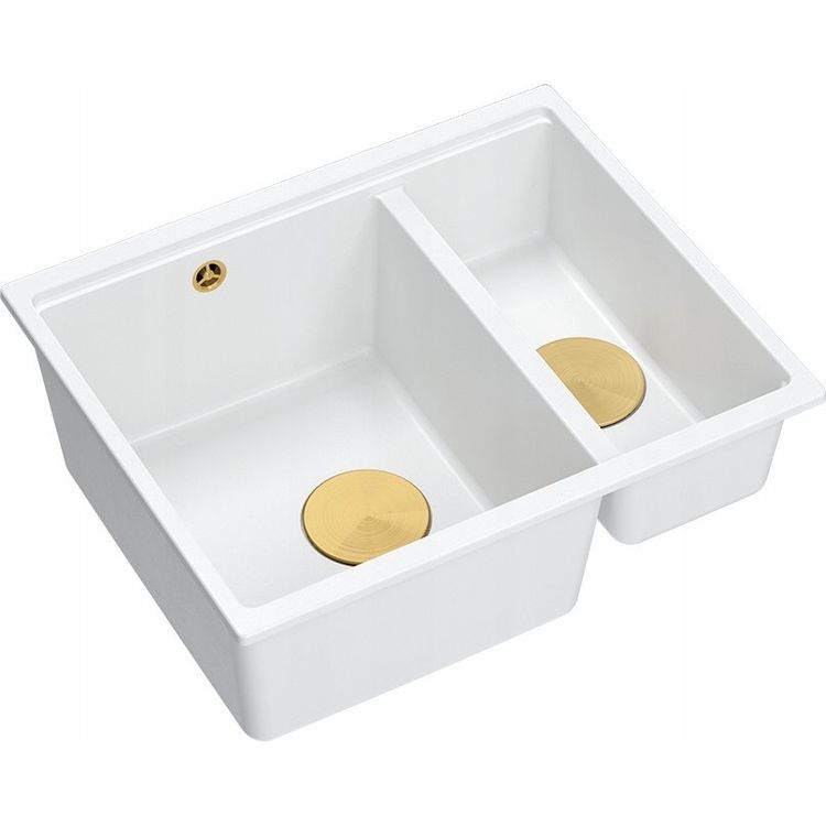 Tootefoto - GraniteQ QUADRON valamu | LOGAN 150 | graniidist k givalamu WHITE + GOLD PVD | m dud: 56 x 46 x 22 cm | 1,5-kambriline riputatud | kapi alus alates: 60 cm