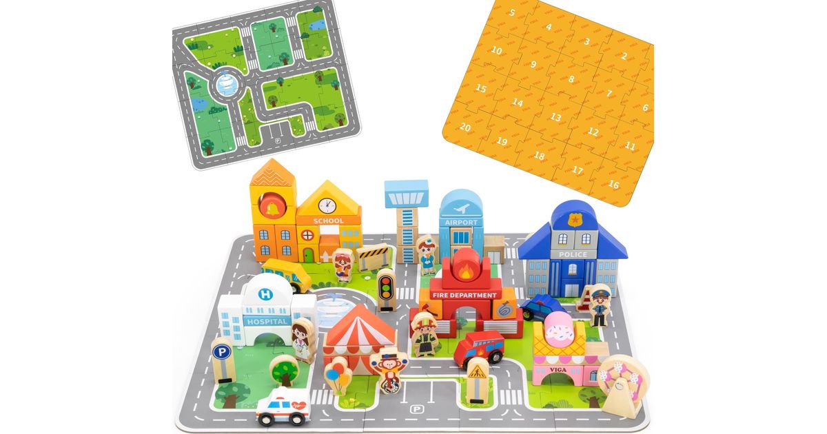 Viga Toys VIGA Wooden Set Building a City Bricks Board Figures - Wooden ...