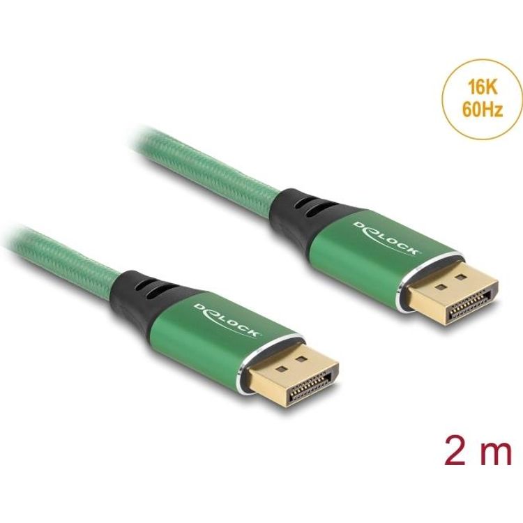 Tootefoto - Delock - DisplayPort-Kabel - DisplayPort (M) zu DisplayPort (M) - DisplayPort 2,1 - 2,0m - unterst tzt 16K 60 Hz (15,360 x 8640), vergoldete Kontakte - gr n (80630)