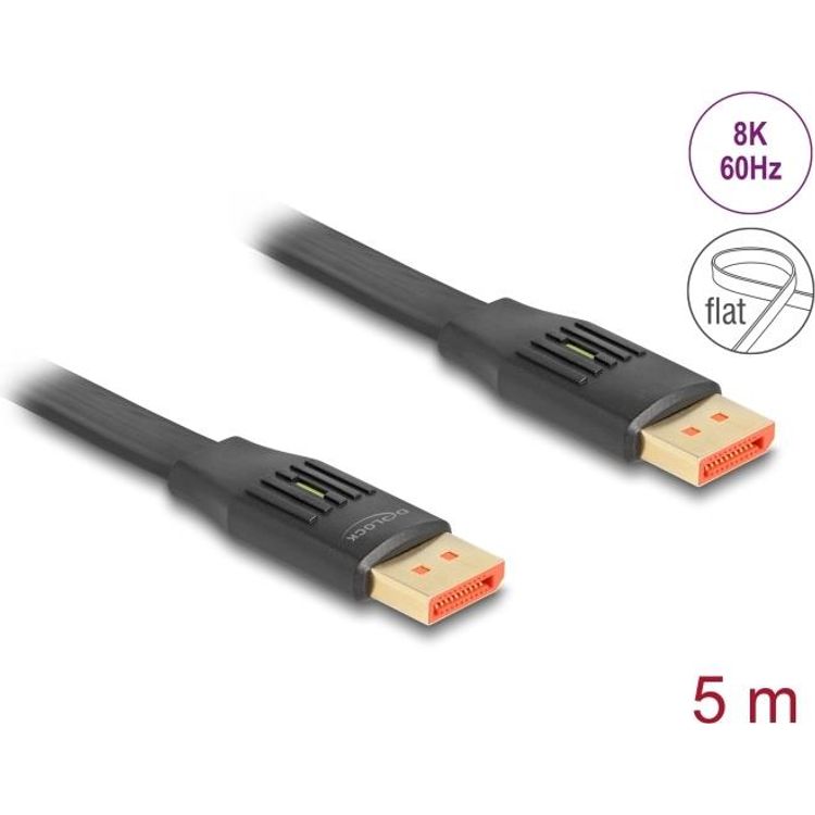 Tootefoto - Delock - DisplayPort-Kabel - DisplayPort (M) zu DisplayPort (M) - DisplayPort 1,4 - 5,0m - Flachband, Support von 8K 60 Hz, bis zu 32,4 Gbps Datenrate, vergoldete Kontakte - Schwar