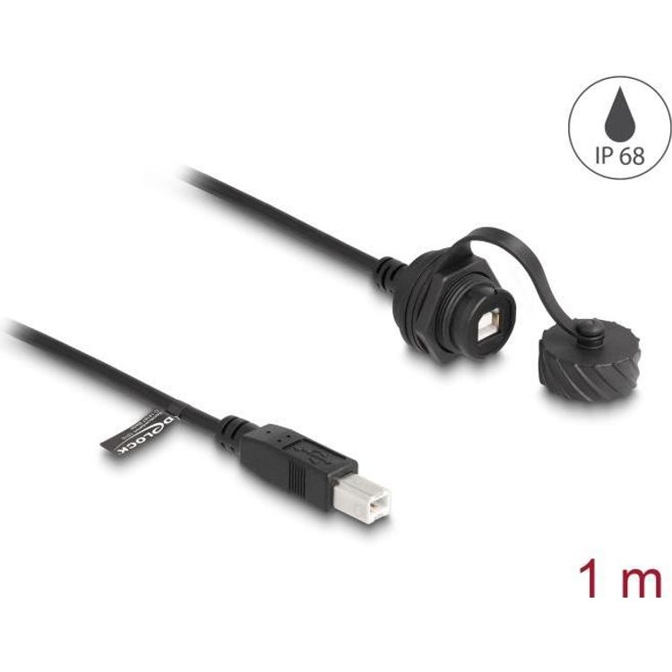 Tootefoto - Delock Kabel USB 2.0 Typ-B Stecker zu USB 2.0 Typ-B Buchse zum Einbau mit Bajonett-Verschlusskappe IP68 staub- und wasserdicht 1 m schwarz (88011)