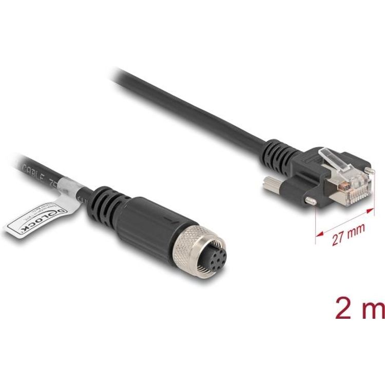 Tootefoto - Delock M12 Kabel A-kodiert 8 Pin Buchse zu RJ45 Stecker mit Schrauben Cat.5e FTP 2 m (80425)