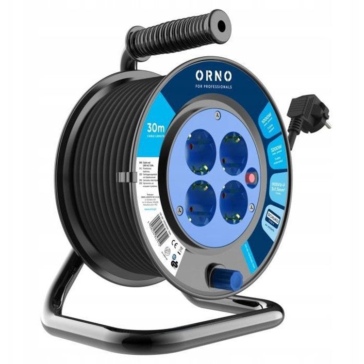 Tootefoto - Trumli pikendus, 4 2p+Z pistikupesasid (Schuko), PVC -kaabel H05VV -F 3x1,5mm2, pikkus - 30m, termiline, praeguste radade kate