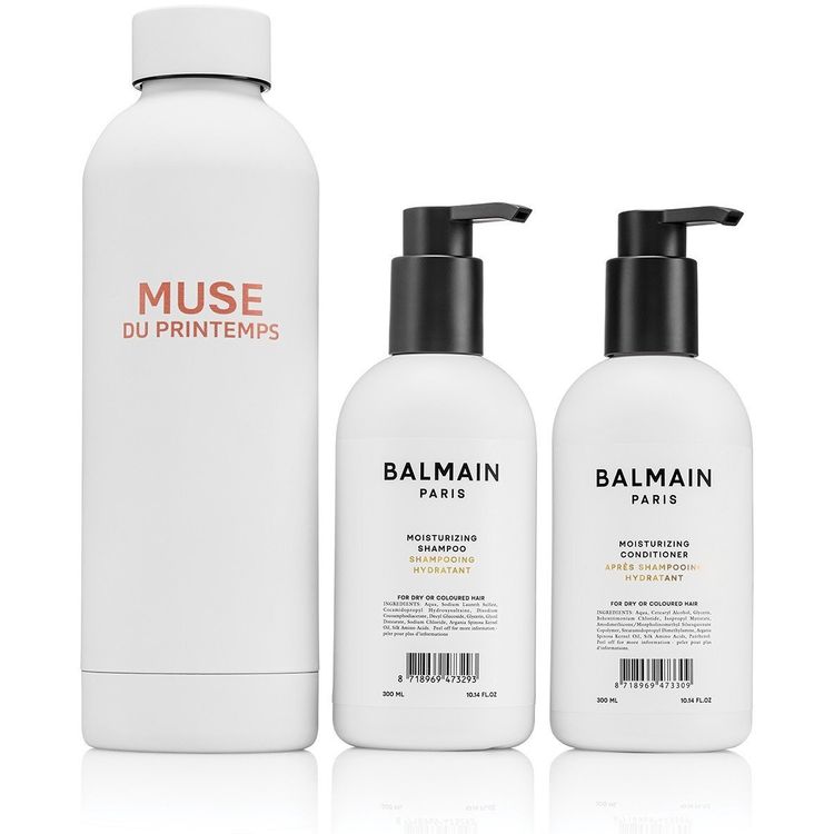 Tootefoto - Balmain Set Professionnel: argaania li, juukse ampoon, niisutav, 300 ml + juuksepalsam, niisutamiseks, 300 ml + Muse Du Printemps, terasest veepudel, valge naistele
