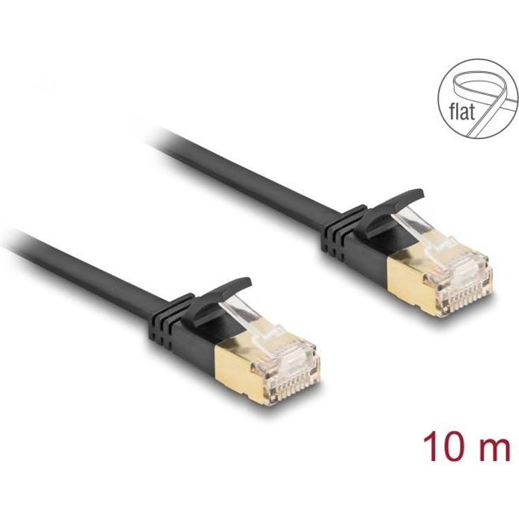 Tootefoto - Delock RJ45 Netzwerkkabel Cat.6A Stecker zu Stecker mit robuster Rastnase und Cat.7 Rohflachbandkabel U/FTP 10 m schwarz (80350)