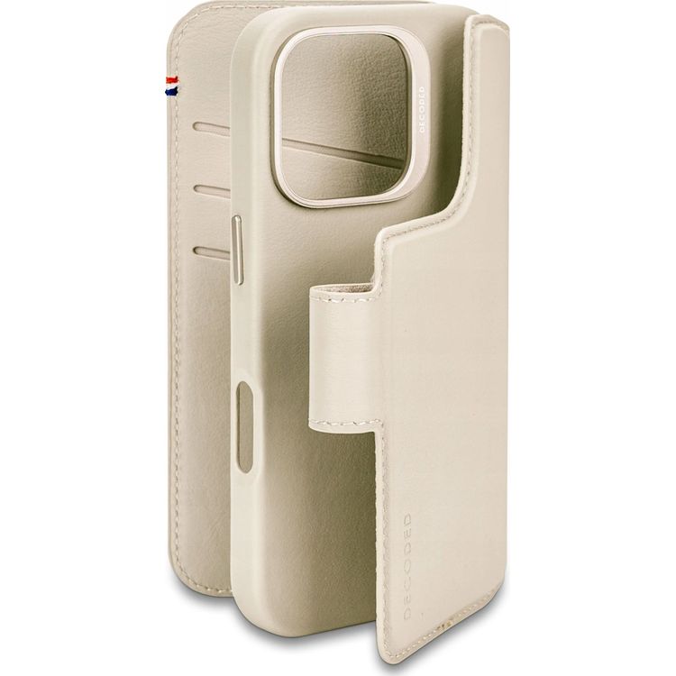 Tootefoto - Dekodeeritud dekodeeritud nahast eemaldatav rahakott MagSafe'iga hilduv nahast kaitse mbris iPhone 16 Pro jaoks (savi)