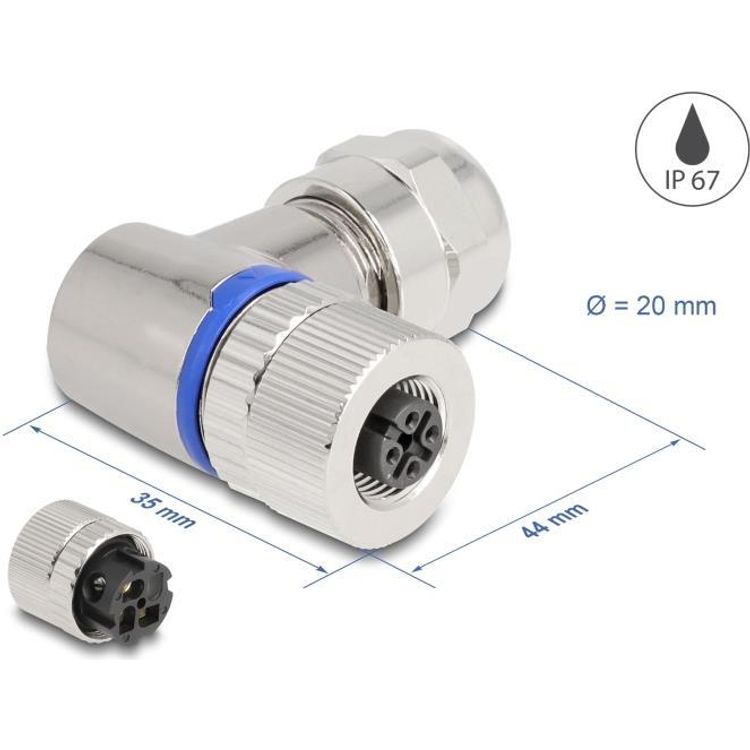 Tootefoto - Delock M12 Steckverbinder A-kodiert 3 Pin Buchse zur Montage mit Schraubanschluss 90 gewinkelt Metall (60542)