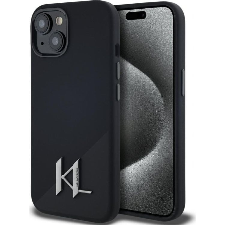 Tootefoto - Case Karl Lagerfeld Silicone Shadow Metal Initial MagSafe for iPhone 15 black