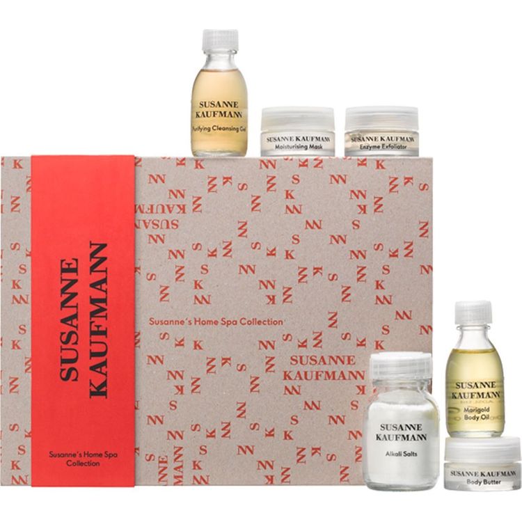 Tootefoto - Susanne Kaufmann Susanne's Home Spa kollektsiooni komplekt Susanne Kaufmann: n opuhastusvahendid, parabeenivaba, puhastav, puhastusgeel, n ole, 30 ml + kehaveed ja kreemid, sulfaat