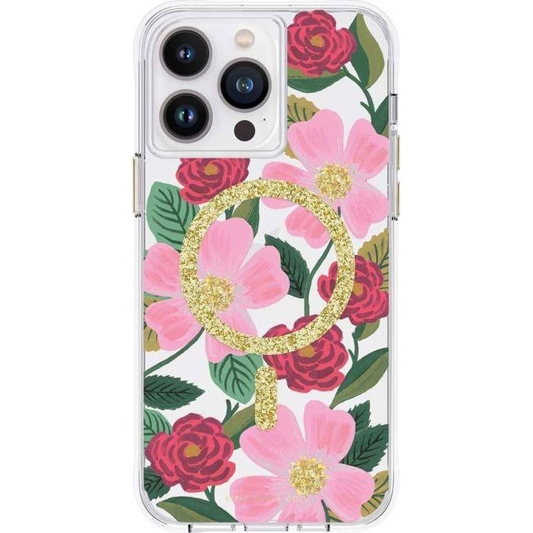 Tootefoto - Rifle Paper Clear MagSafe - Gold Embellished iPhone 14 Pro Max Case (Rose Garden)