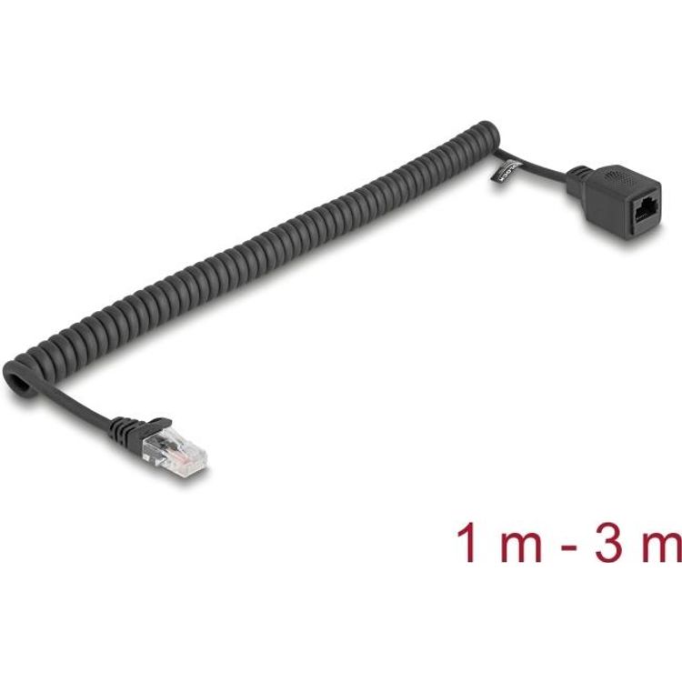 Tootefoto - Delock RJ45 Spiralkabel Stecker zu Buchse Cat.5e UTP 1 m bis 3 schwarz (90672)