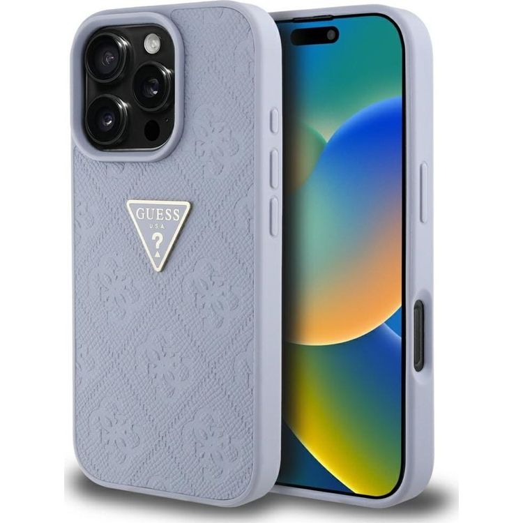 Tootefoto - Guess Hot Stamp 4G Pattern Triangle Metal Logo Case for iPhone 16 Pro Purple