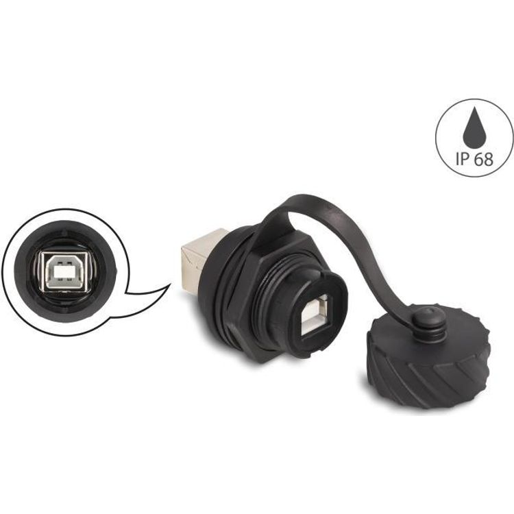 Tootefoto - Delock Kabelverbinder USB 2.0 Typ-B Buchse zu Buchse zum Einbau mit Bajonett-Verschlusskappe IP68 staub- und wasserdicht schwarz (88004)