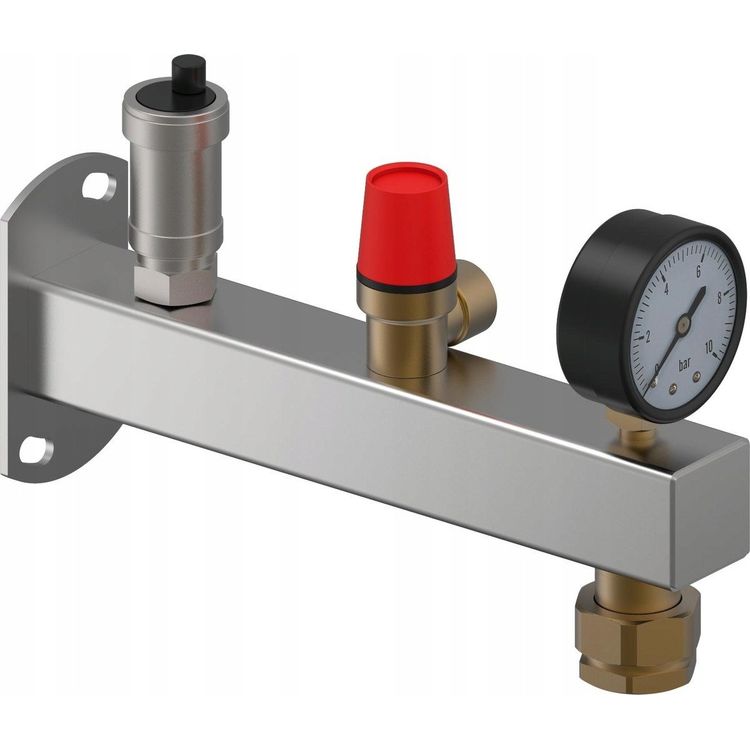 Tootefoto - 6 bar INOX ohutusgrupp paagi hendusega koos manomeetri, kaitseklapi ja automaatse sooja tarbevee hutusavaga.