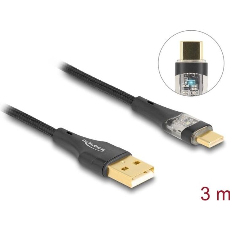 Tootefoto - Delock - USB-Kabel - USB (M) zu 24 pin USB-C (M) - USB 2,0 3 A - 3,0m - Schnelladung - Schwarz, durchsichtig (80762)