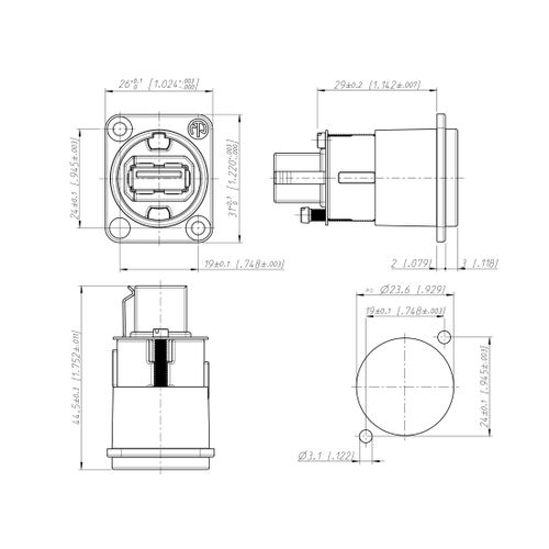 Neutrik NAUSB-W-B USB Feedthrough Receptacle, Female, Black D-Housing ...