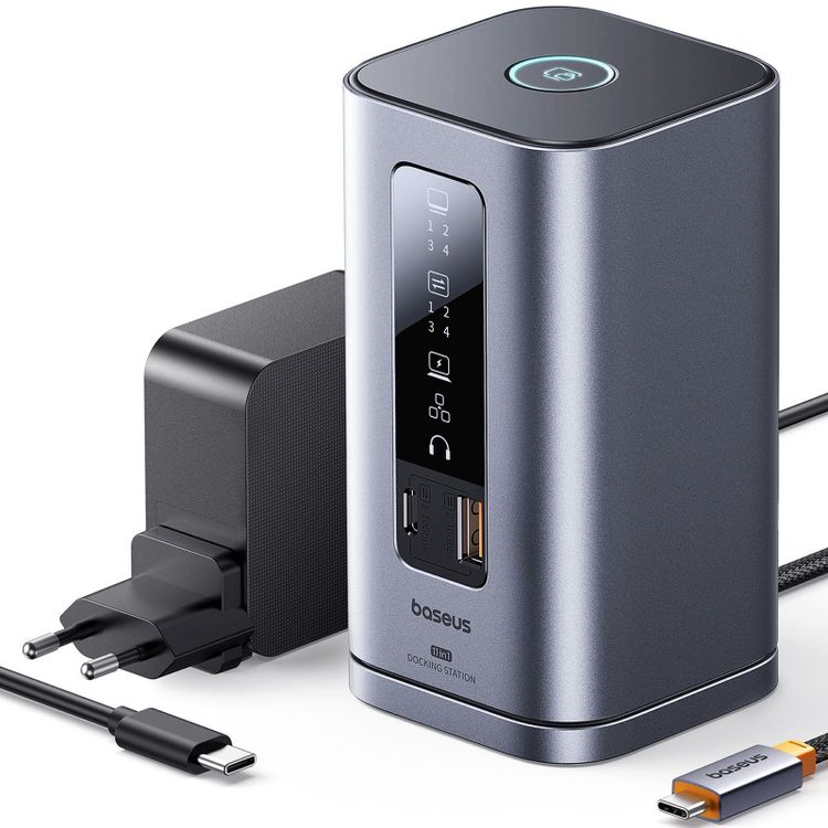 Tootefoto - Baseus HUB jaam/replikaator Dokkimisjaam 11in1 USB-C HDMI DP USB-A USB-C RJ45 PD mini pesa 3,5 mm EU laadija - hall HUB Dokkimisjaam 11in1 USB-C HDMI DP USB-A USB-C RJ45 PD mini pe