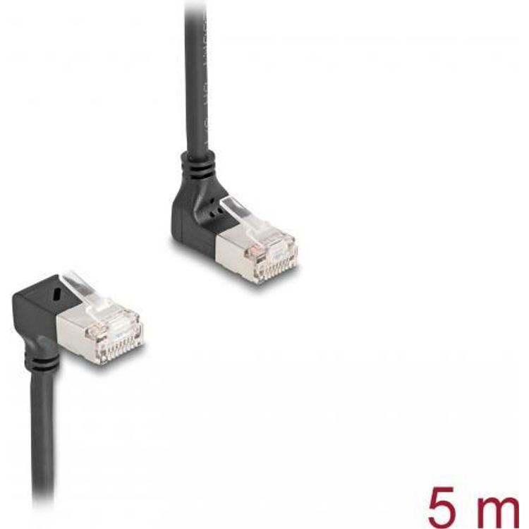 Tootefoto - Delock RJ45 Netzwerkkabel Cat.6A S/FTP Slim 90 oben / unten gewinkelt 5 m schwarz (80296)