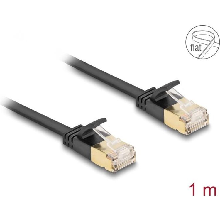 Tootefoto - Delock RJ45 Netzwerkkabel Cat.6A Stecker zu Stecker mit robuster Rastnase und Cat.7 Rohflachbandkabel U/FTP 1 m schwarz (80345)