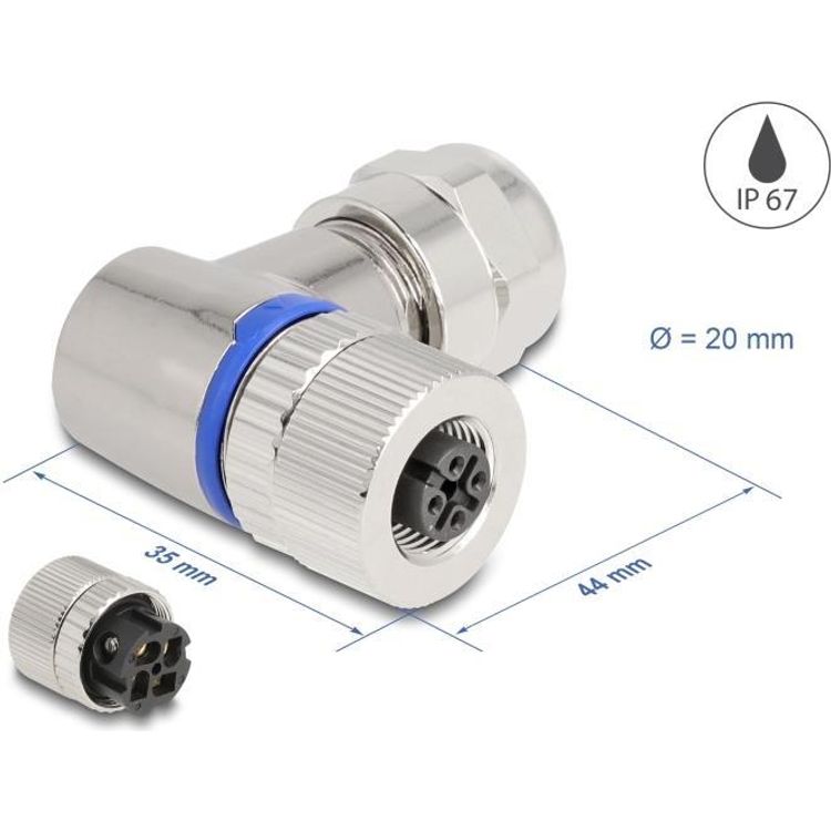 Tootefoto - Delock M12 Steckverbinder A-kodiert 4 Pin Buchse zur Montage mit Schraubanschluss 90 gewinkelt Metall (60565)