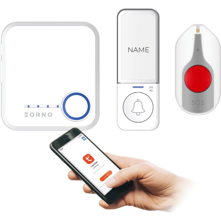Tootefoto - Orno SIGO AC SOS, dzwonek bezprzewodowy sieciowy, Wi-Fi, przycisk wej cia bezbateryjny, przycisk SOS aku, ppes steem, 52 d wi ki, 200 m, bia y
