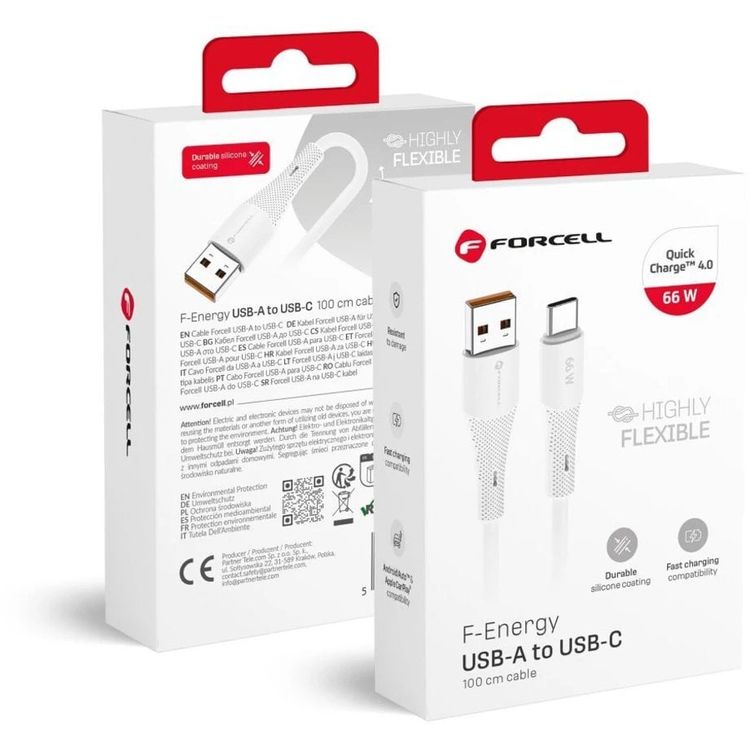 Tootefoto - USB A USB C CRECELL F-Energy QC4.0 3A 66W Silikoon 1 M C342 valge