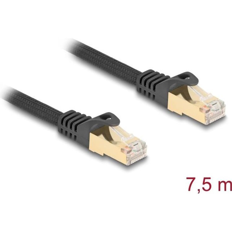 Tootefoto - Delock - Patch-Kabel - RJ-45 (M) zu RJ-45 (M) - 7,5m - 7 mm - S/FTP - CAT 6a - ohne Haken, Gewebebeschichtung - Schwarz (80321)