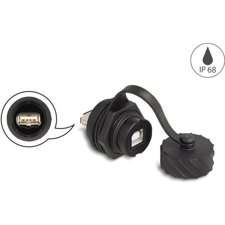 Tootefoto - Delock Kabelverbinder USB 2.0 Typ-B Buchse zu USB 2.0 Typ-A Buchse zum Einbau mit Bajonett-Verschlusskappe IP68 staub- und wasserdicht schwarz (88010)