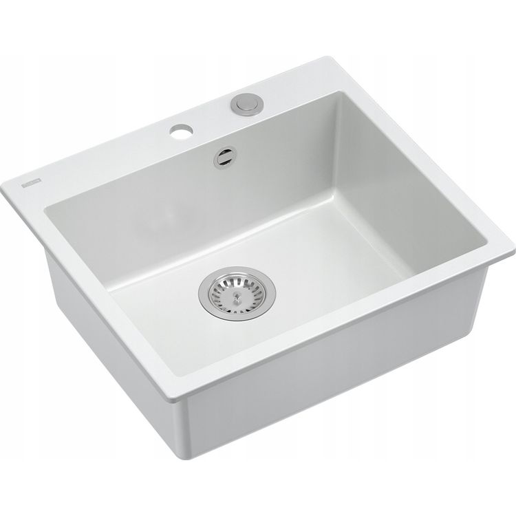 Tootefoto - GraniteQ valamu MORGAN 110 GraniteQ valamu lumivalge Push To Open sifooniga, roostevaba teras, 1-kauss b/o + konksud 4 tk