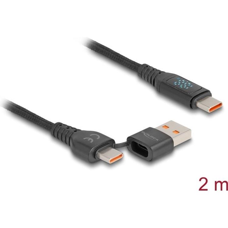 Tootefoto - DeLOCK USB 2.0 Schnellladekabel USB Type-C + USB Typ-A Stecker zu USB Type-C Stecker PD 3.1 140 W mit Leistungsanzeige 1,20 m (88137)