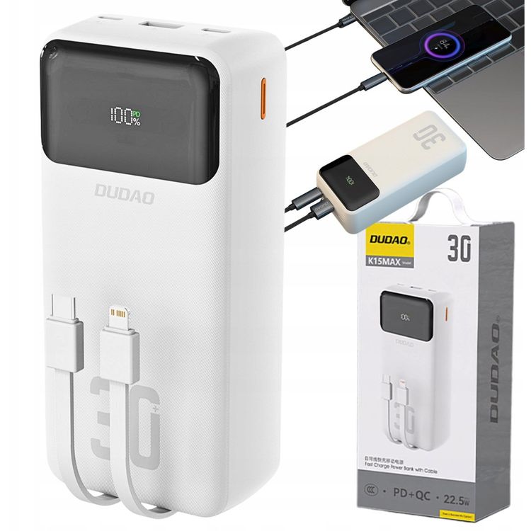Tootefoto - Dudao Powerbank Dudao K15Max Powerbank 30000mAh PD 22,5W USB-C ja Lightning kaablitega - valge