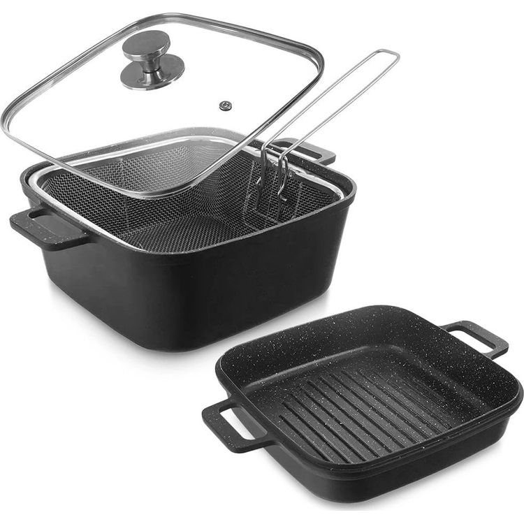 Tootefoto - Garnek granitowy ze szklan pokrywk patelni grillow koszyczkiem GRANDE 2+4 l 4 el.