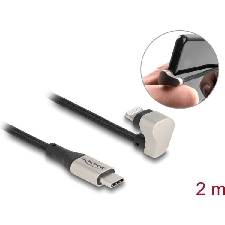 Tootefoto - Delock - Lightning-Kabel - Lightning m nnlich gewinkelt zu 24 pin USB-C m nnlich - 2,0m - MFI-zertifiziert - Schwarz/Silber - gewinkelt, bis zu 480 Mbps (80026)