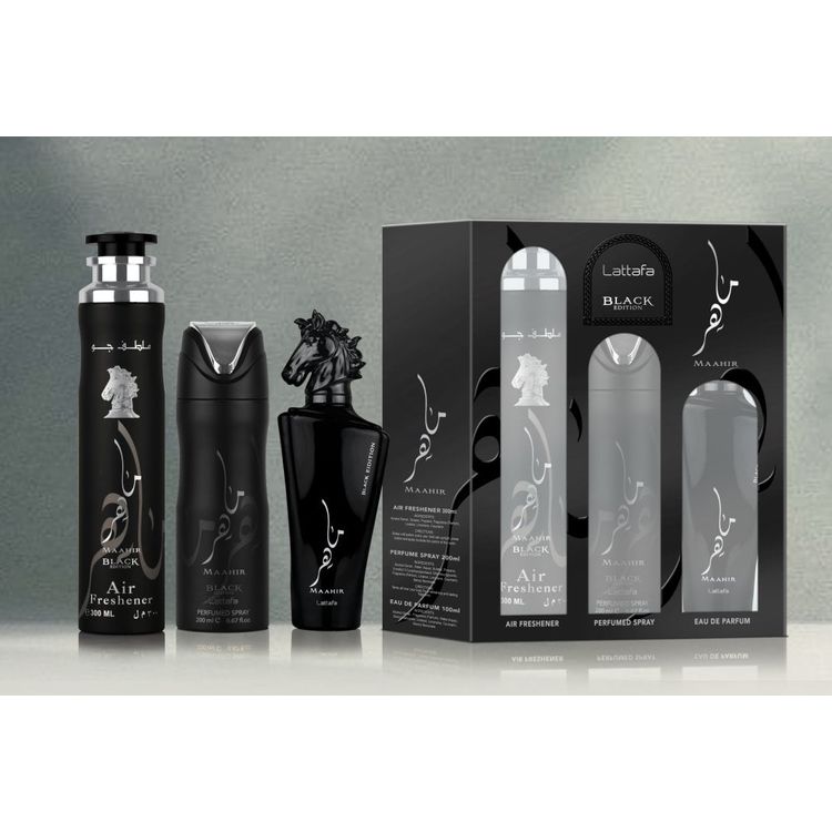 Tootefoto - Komplekt Lattafa Maahir Black Edition EDP Spray 100ml + parf mitud pihusti 200 ml + huv rskendaja 300ml
