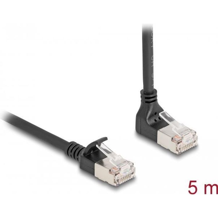 Tootefoto - Delock - Netzwerkkabel - RJ-45 (M) nach unten abgewinkelt zu RJ-45 (M) gerade - 5,0m - 4,5 mm - S/FTP - CAT 6a - geschirmt, halogenfrei - Schwarz (80308)