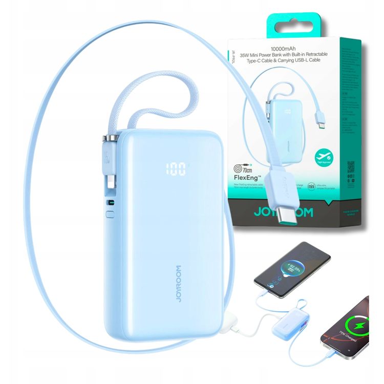 Tootefoto - Joyroom JR-PR2L 10000mAh 35W Powerbank sisseehitatud lest stetava USB-C kaabli ja Lightning kaabliga - sinine