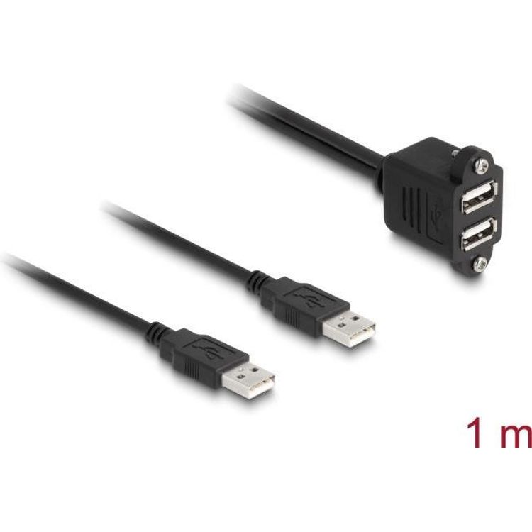 Tootefoto - Delock USB 2.0 Kabel 2 x USB Typ-A Stecker zu 2 x USB Typ-A Buchse mit Schrauben zum Einbau 1 m schwarz (88105)