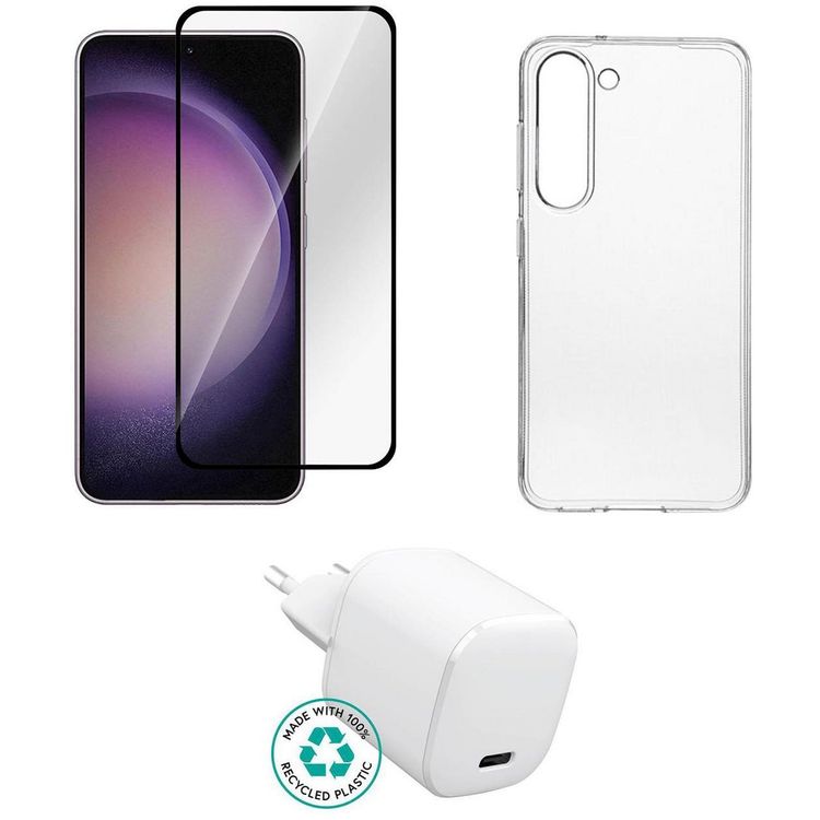 Tootefoto - eSTUFF Kit for Samsung Galaxy S25. Charger, Cover, Glass. Brown