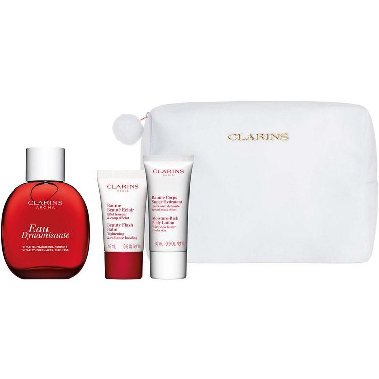 Tootefoto - Clarinsi komplekt Clarins: Eau Dynamisante, l hnasprei, Unisex, 100 ml + Beauty Flash Balm, Brightening, Palsam, N ole, 15 ml + Clarins, lukuga, GWP tekstiilikott, valge + rikkalik