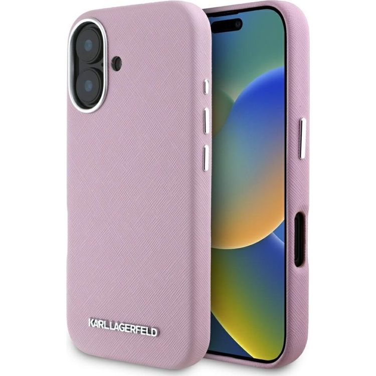 Tootefoto - Karl Lagerfeld Saffiano t ispakendatud pikliku metalli logo magsafe iPhone 16 mbris roosa