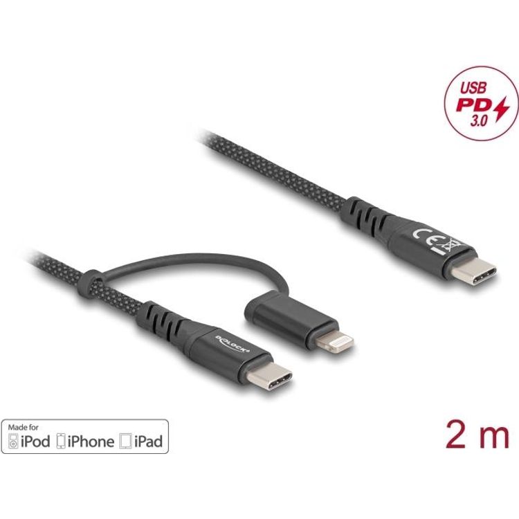 Tootefoto - Delock - USB-Kabel - 24 pin USB-C (M) zu Lightning, 24 pin USB-C (M) - USB 3,0 - 3 A - 2,0m - USB-C Power Delivery (60 W) - Schwarz (81171)