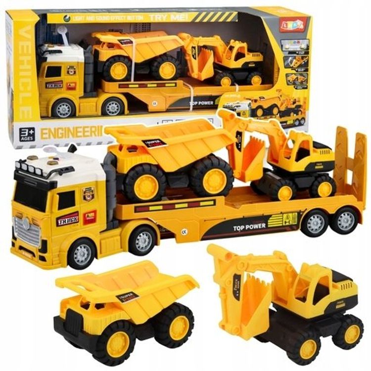 Tootefoto - LeanToys Zestaw Pojazdy Budowlane Ci ar wka Laweta Koparka Wywrotka wiat a D wi k